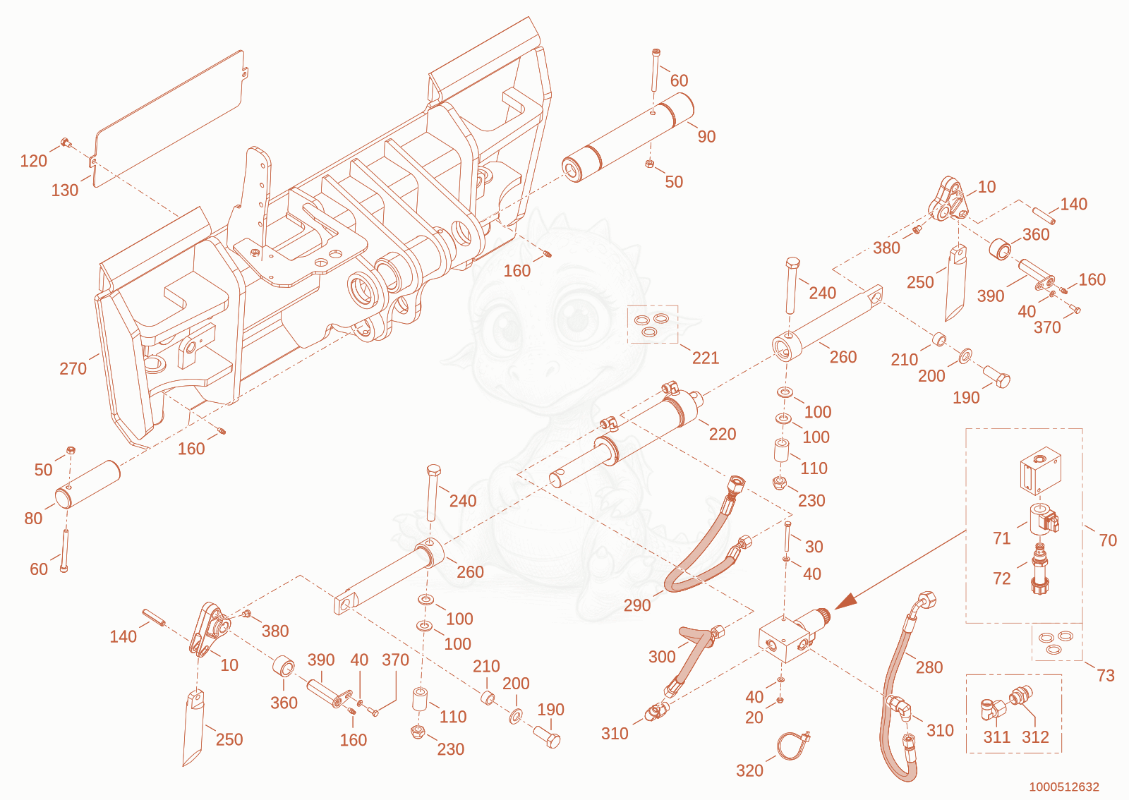 Exploded parts diagram of the quickhitch plate of a Wacker Neuson TH412(T01-01), with numbered balloons