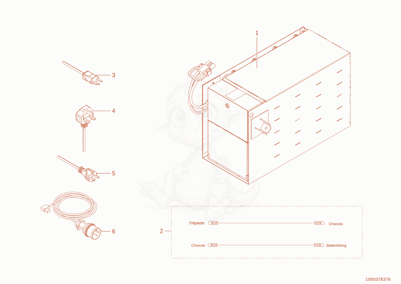 Exploded parts diagram of the AGM-battery of a Wacker Neuson WL20E, with numbered balloons