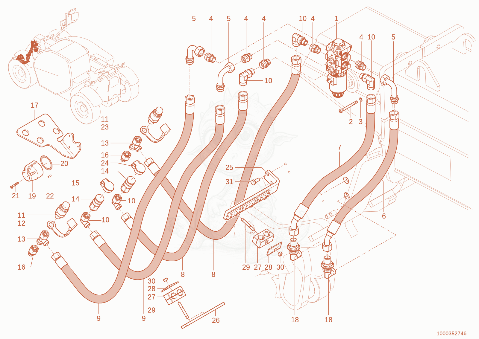 Exploded parts diagram of the Control circuit in front elektr. of a Wacker Neuson TH627(418-22), with numbered balloons
