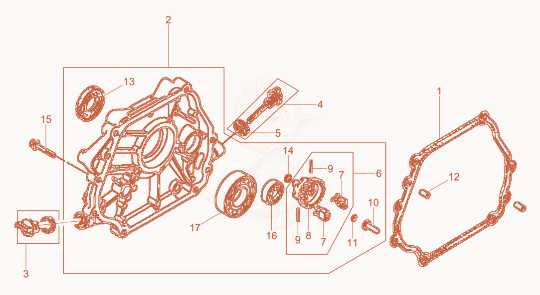 Exploded parts diagram of the Crankcase cover of a Wacker Neuson BPU3545AUS, with numbered balloons