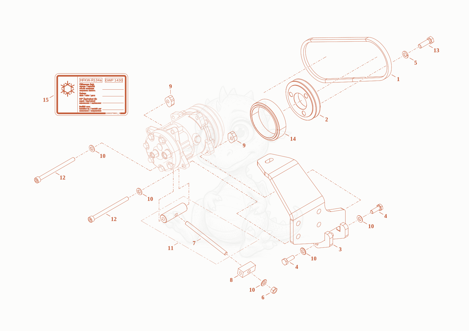 Exploded parts diagram of the compressor aircondition of a Wacker Neuson WL44, with numbered balloons