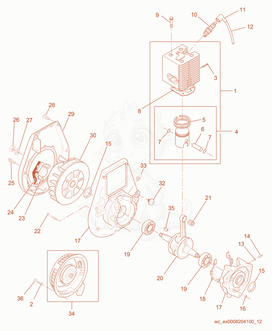 Despiece del Engine-WM 80 de una máquina Wacker Neuson BS500, con globos numerados