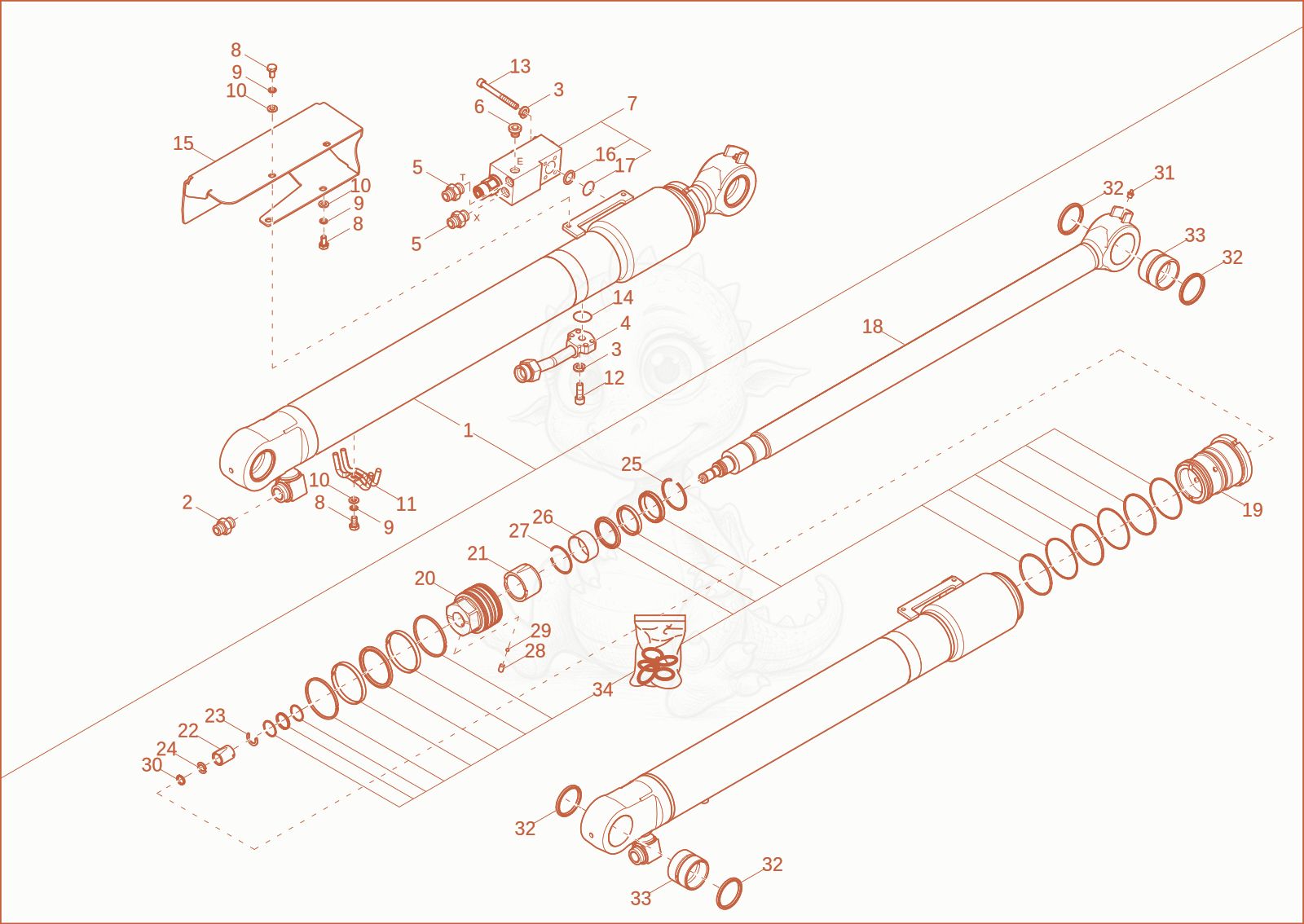 Exploded parts diagram of the DIPPER ARM CYLINDER of a Wacker Neuson EZ80, with numbered balloons