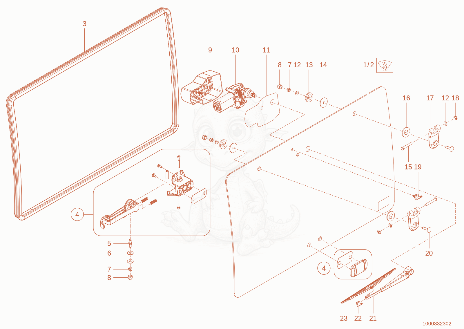 Exploded parts diagram of the rear window of a Wacker Neuson TH744(416-02), with numbered balloons