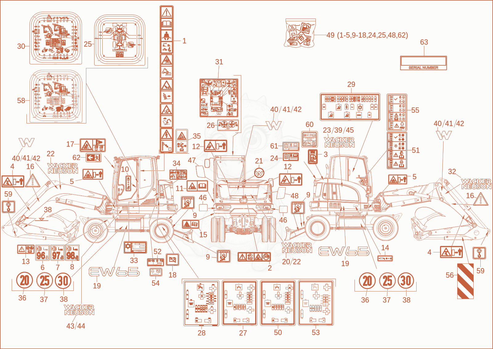 Exploded parts diagram of the STICKER, of a Wacker Neuson EW65, with numbered balloons
