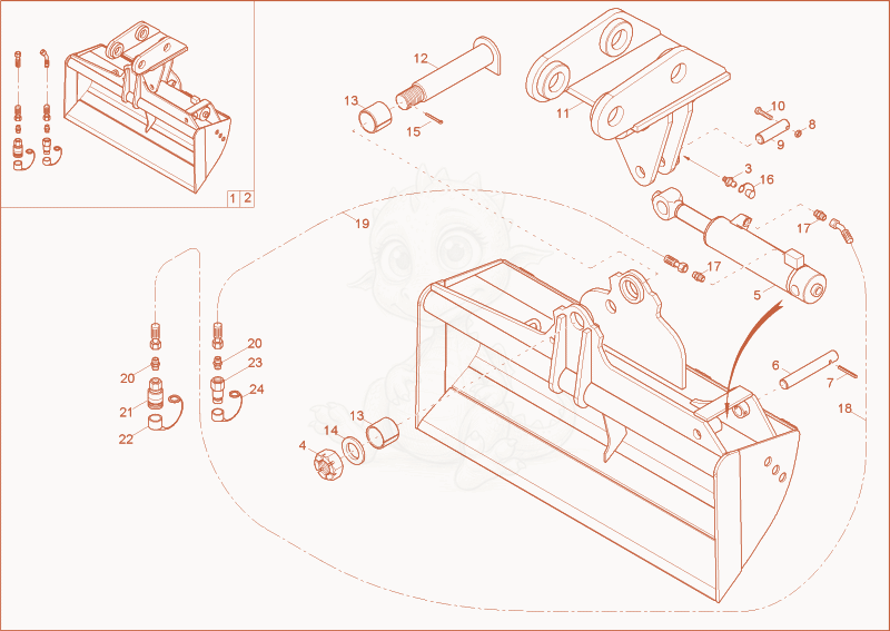 Exploded parts diagram of the tilting bucket of a Wacker Neuson 38Z3, with numbered balloons