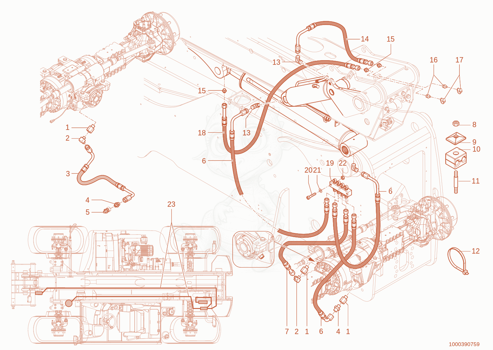 Exploded parts diagram of the lubrication line of a Wacker Neuson TH942(416-39), with numbered balloons