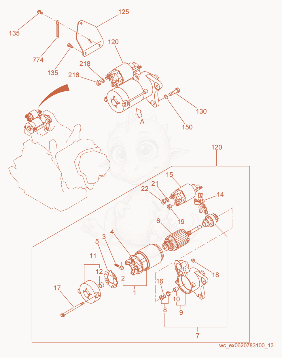 Exploded parts diagram of the Starter Motor of a Wacker Neuson GPSI4300, with numbered balloons