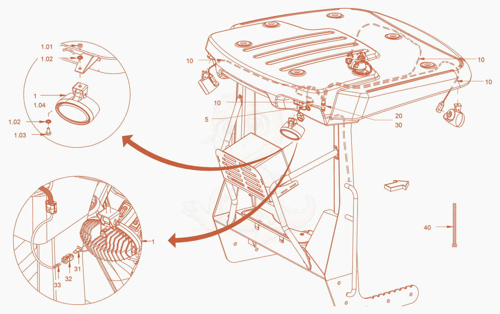 Exploded parts diagram of the additional lighting of a Wacker Neuson RC110, with numbered balloons