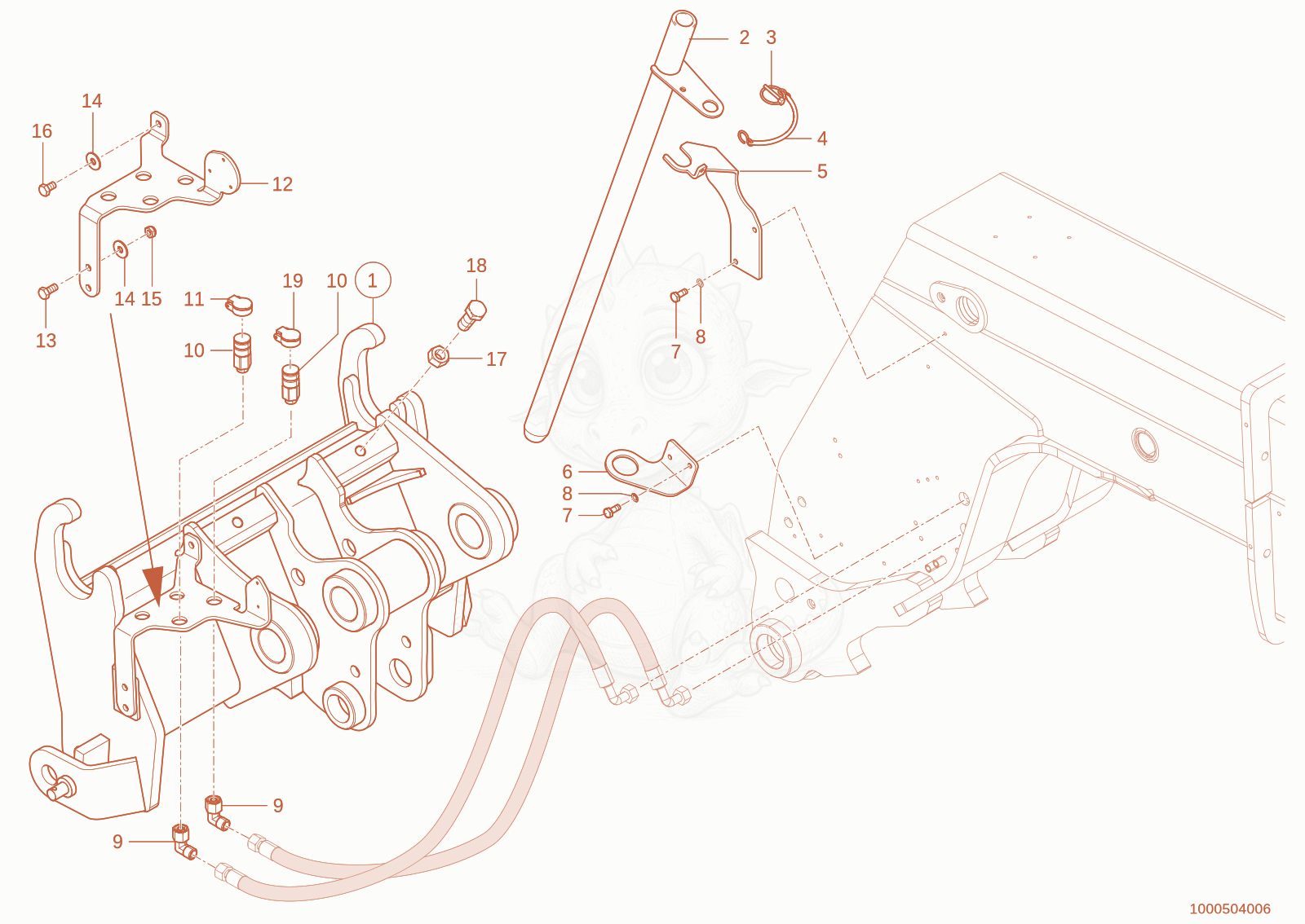 Exploded parts diagram of the quickhitch plate of a Wacker Neuson TH735(415-36), with numbered balloons