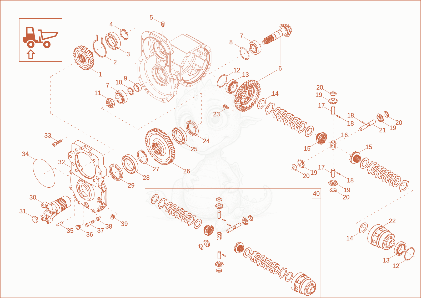 Exploded parts diagram of the differential axle of a Wacker Neuson DW50-2, with numbered balloons