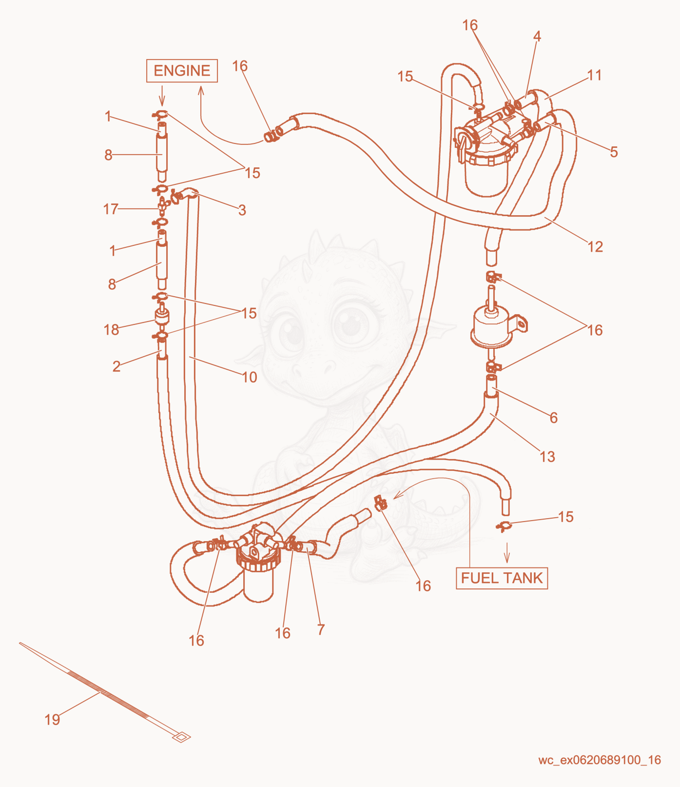 Exploded parts diagram of the Fuel Hose w/Filter Set of a Wacker Neuson G14, with numbered balloons
