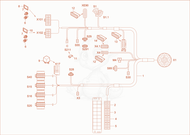 Exploded parts diagram of the wiring harness seat console of a Wacker Neuson ET16, with numbered balloons