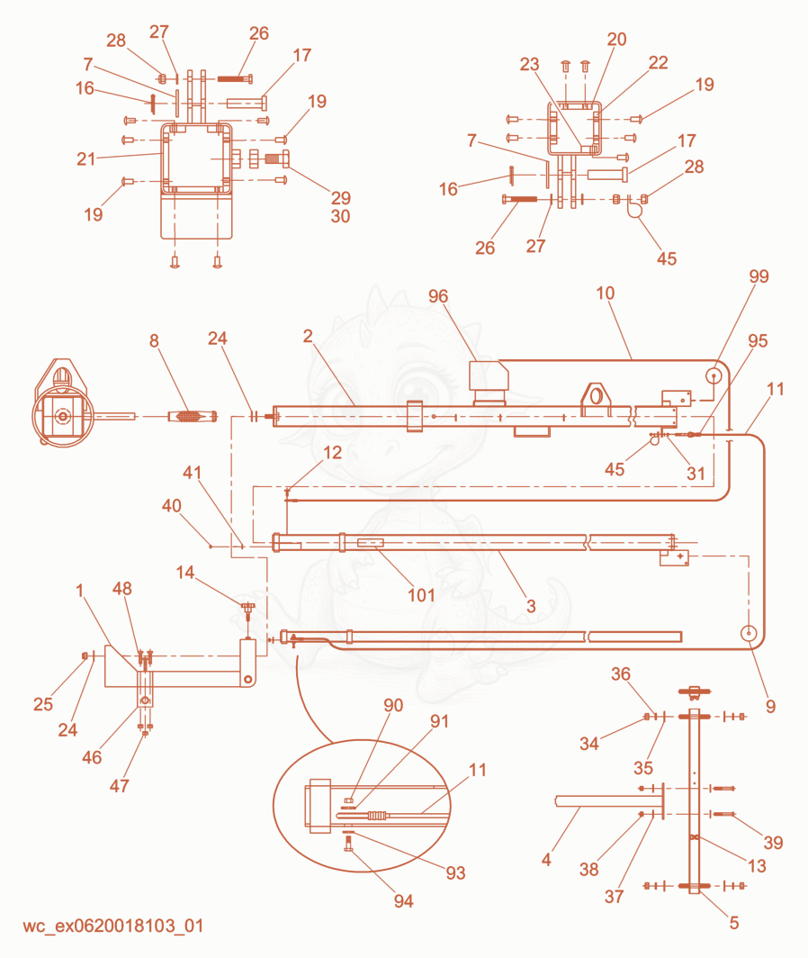 Exploded parts diagram of the Mast cpl./Power Winch System of a Wacker Neuson LTC4L-P, with numbered balloons