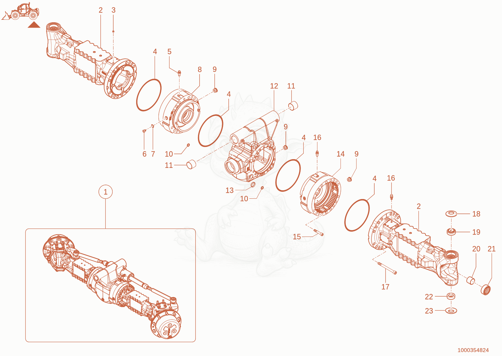 Exploded parts diagram of the rear axle of a Wacker Neuson TH755(416-34), with numbered balloons