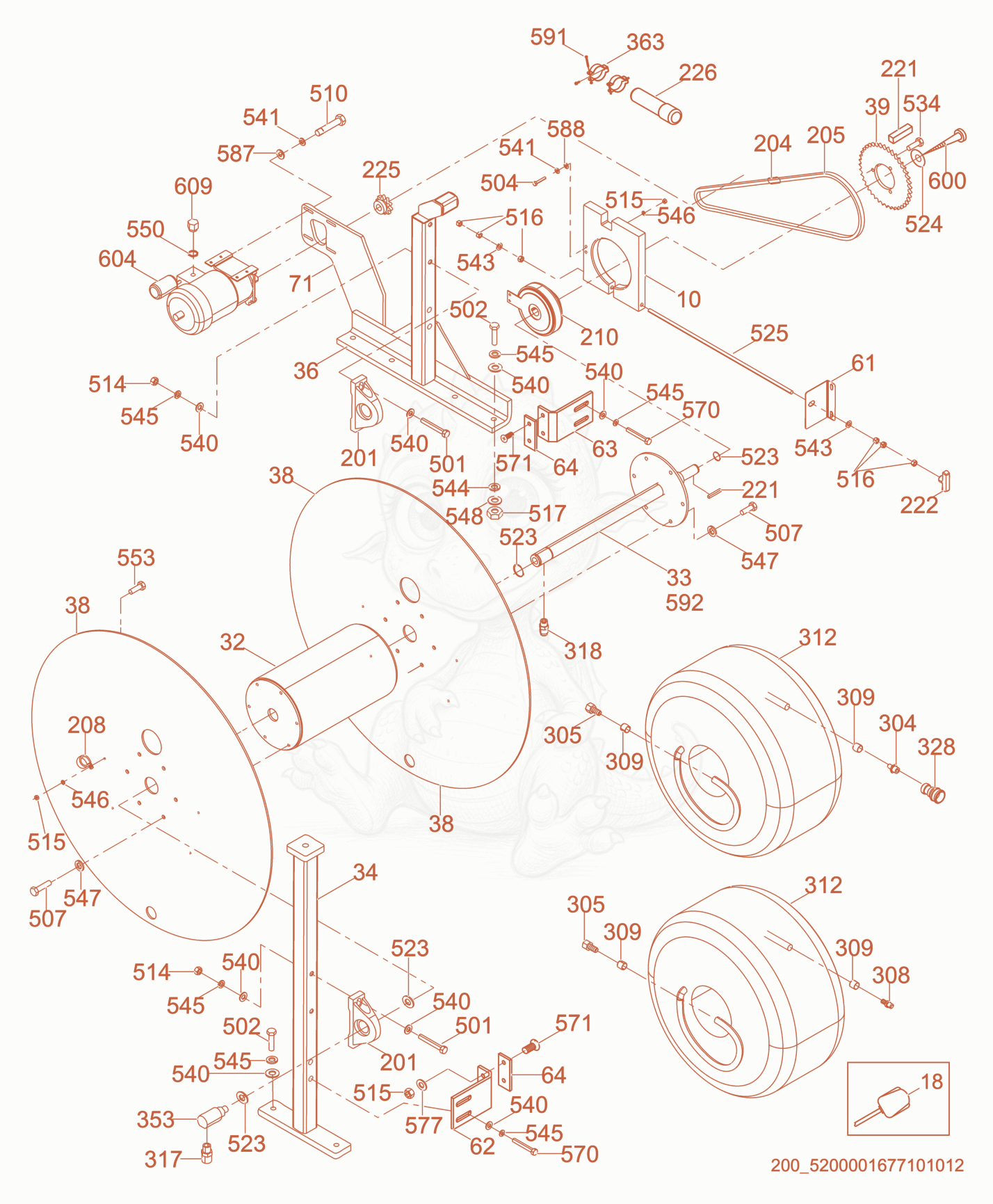 Exploded parts diagram of the Hose Reel cpl. of a Wacker Neuson HSH350, with numbered balloons