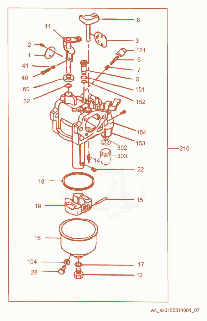 Exploded parts diagram of the Carburetor cpl. of a Wacker Neuson PT3, with numbered balloons