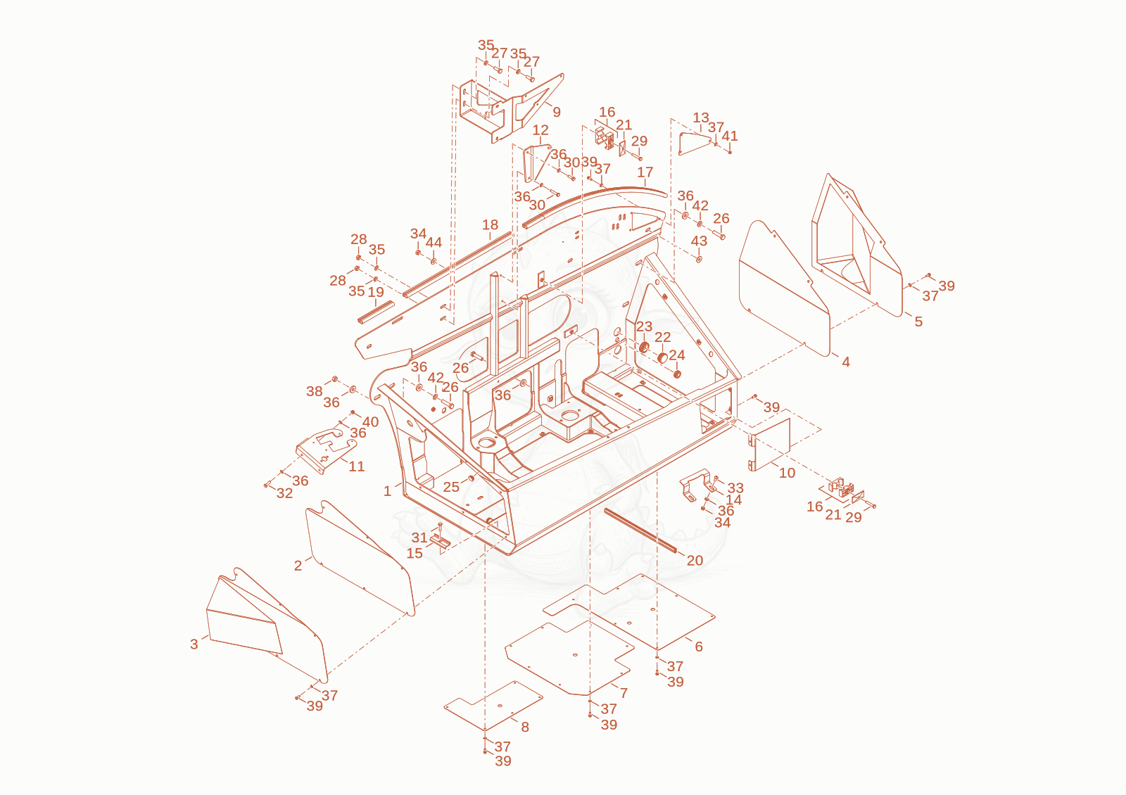 Exploded parts diagram of the Engine tub of a Wacker Neuson TH522STAGEV, with numbered balloons