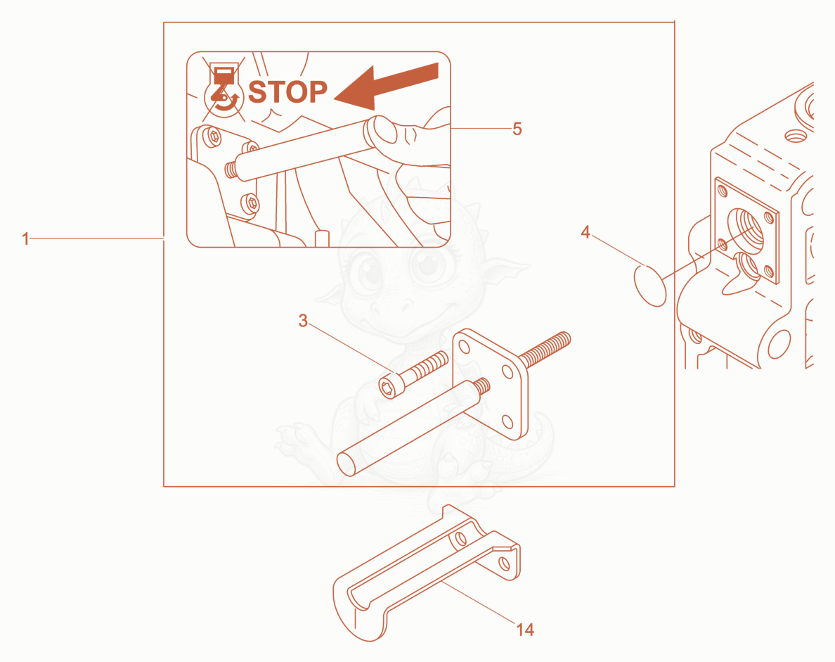 Exploded parts diagram of the Engine stop device of a Wacker Neuson XPUKMAT, with numbered balloons