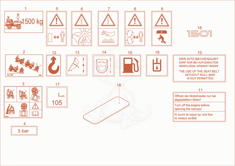 Exploded parts diagram of the STICKERS (Swivel Bucket) of a Wacker Neuson 1501, with numbered balloons