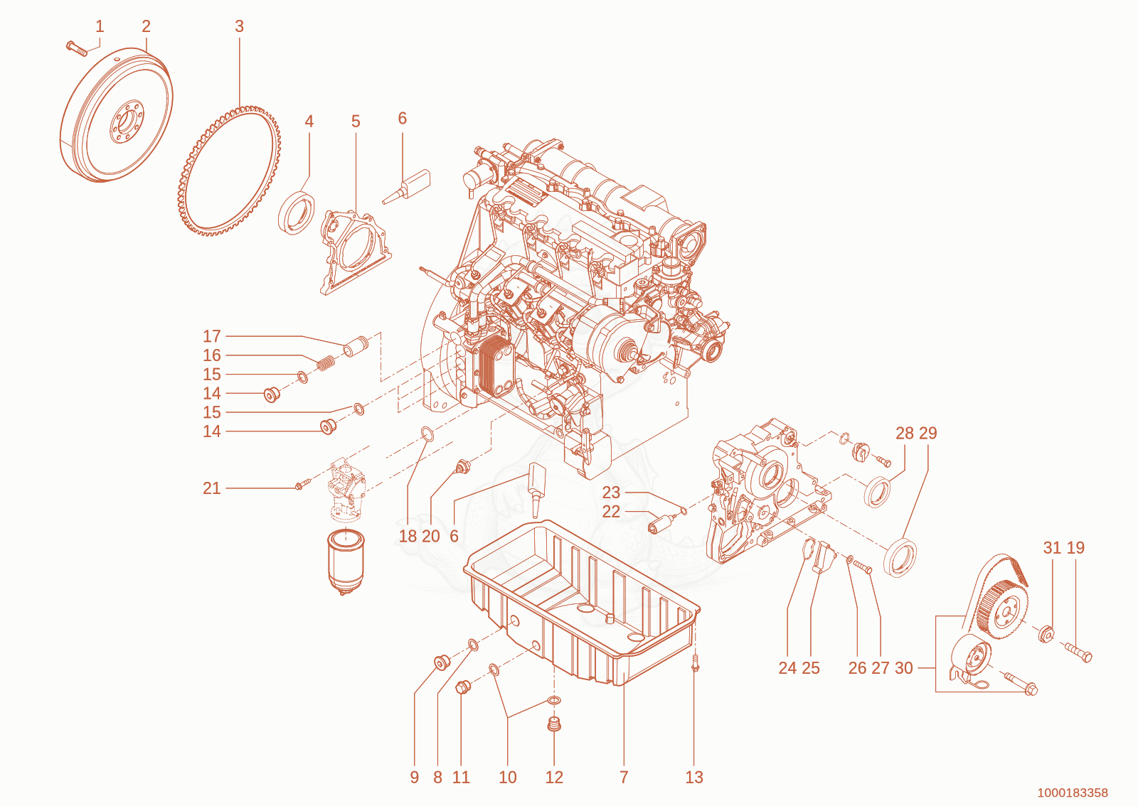 Exploded parts diagram of the Engine block of a Wacker Neuson 1150, with numbered balloons