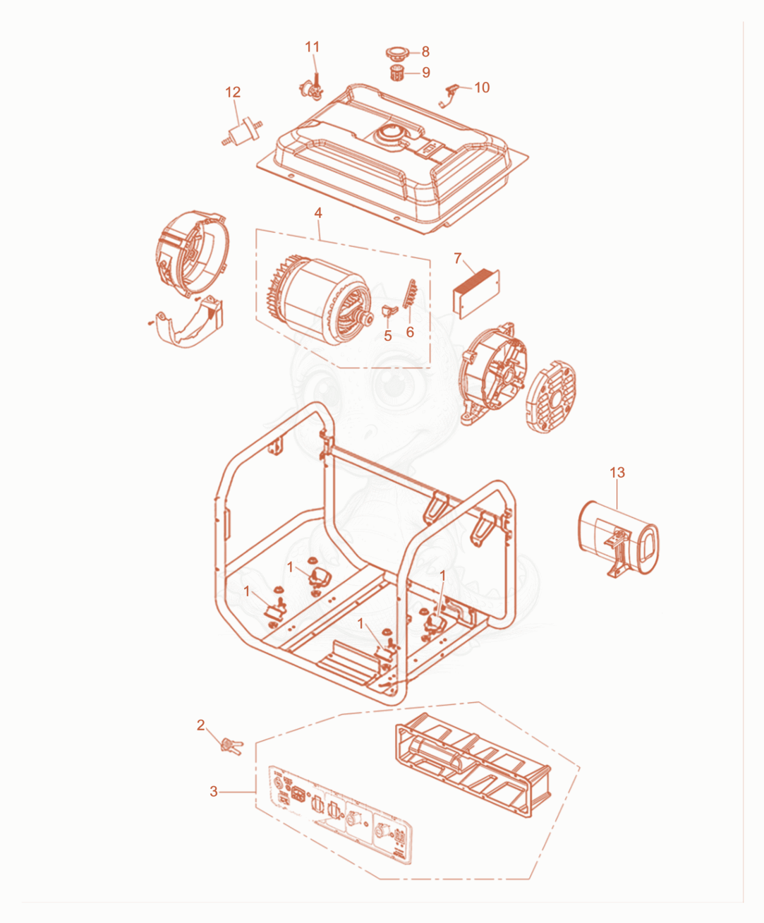 Exploded parts diagram of the Generator of a Wacker Neuson MG10-ME, with numbered balloons