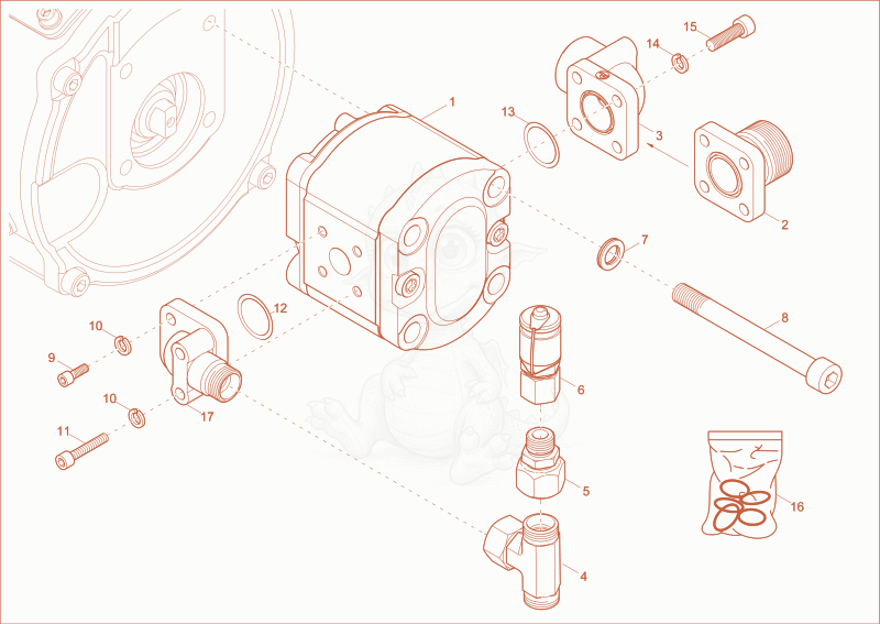Exploded parts diagram of the gear pump of a Wacker Neuson DW15E, with numbered balloons