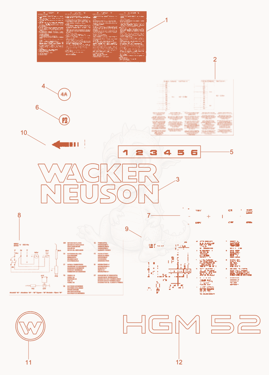 Despiece del Label de una máquina Wacker Neuson HGM52WGB, con globos numerados