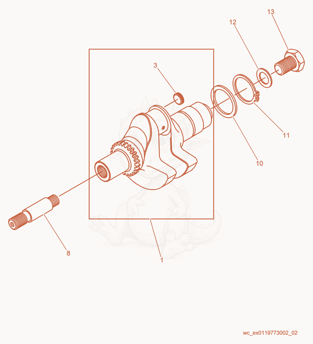 Despiece del Crankshaft de una máquina Wacker Neuson PT2H, con globos numerados