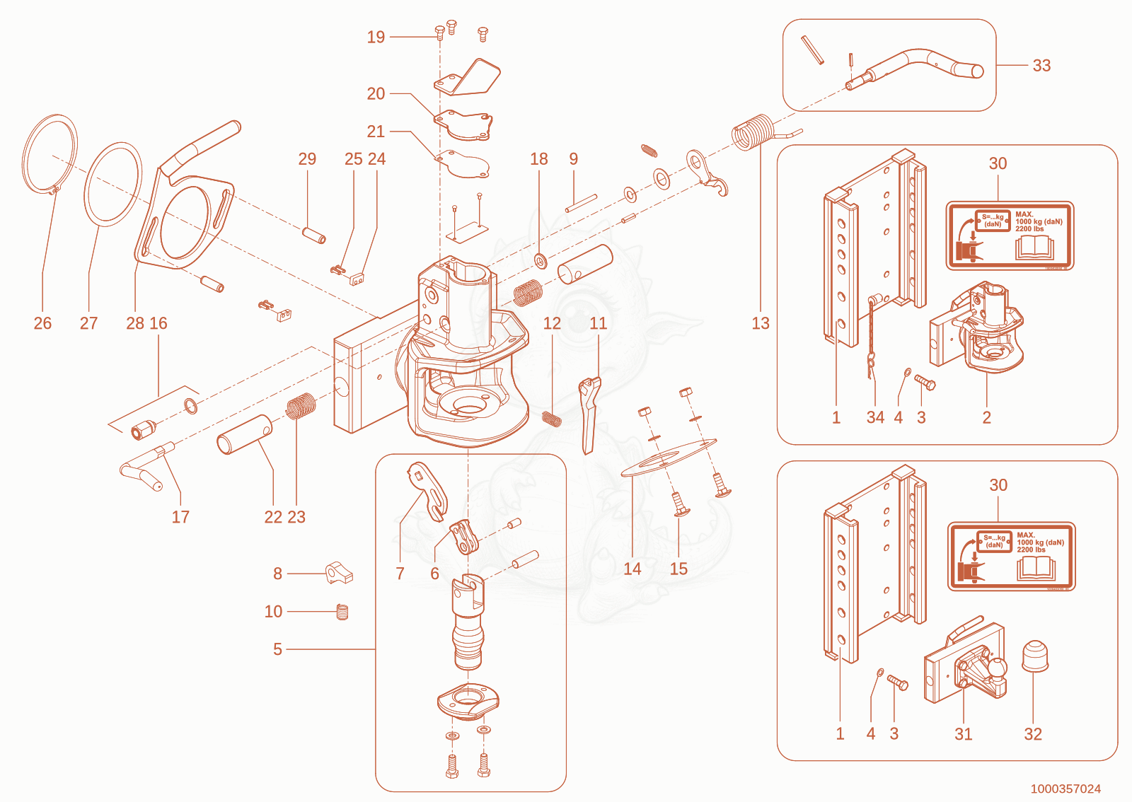 Exploded parts diagram of the trailer coupling of a Wacker Neuson TH750(416-38), with numbered balloons