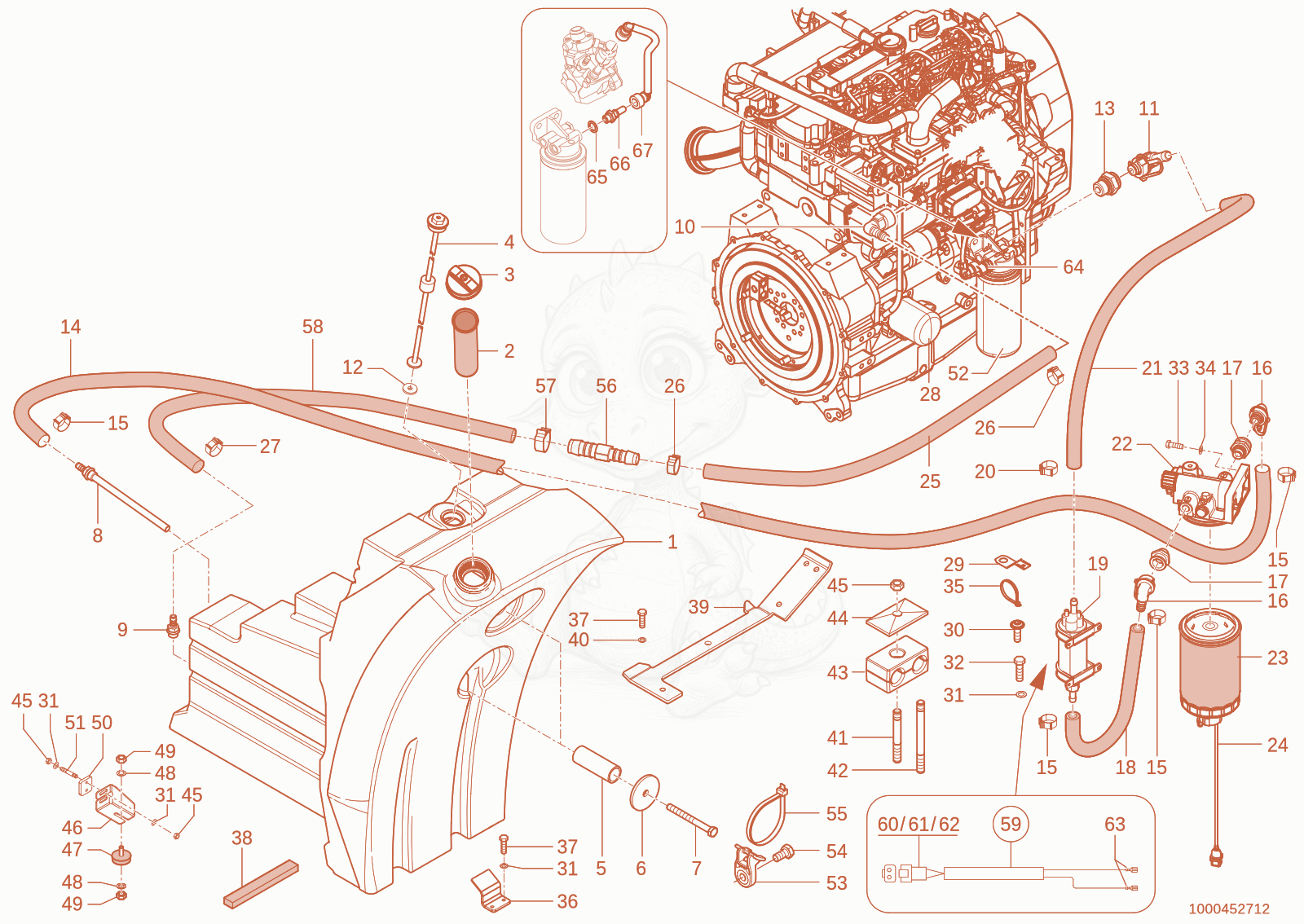 Exploded parts diagram of the fuel system of a Wacker Neuson TH735(415-36), with numbered balloons
