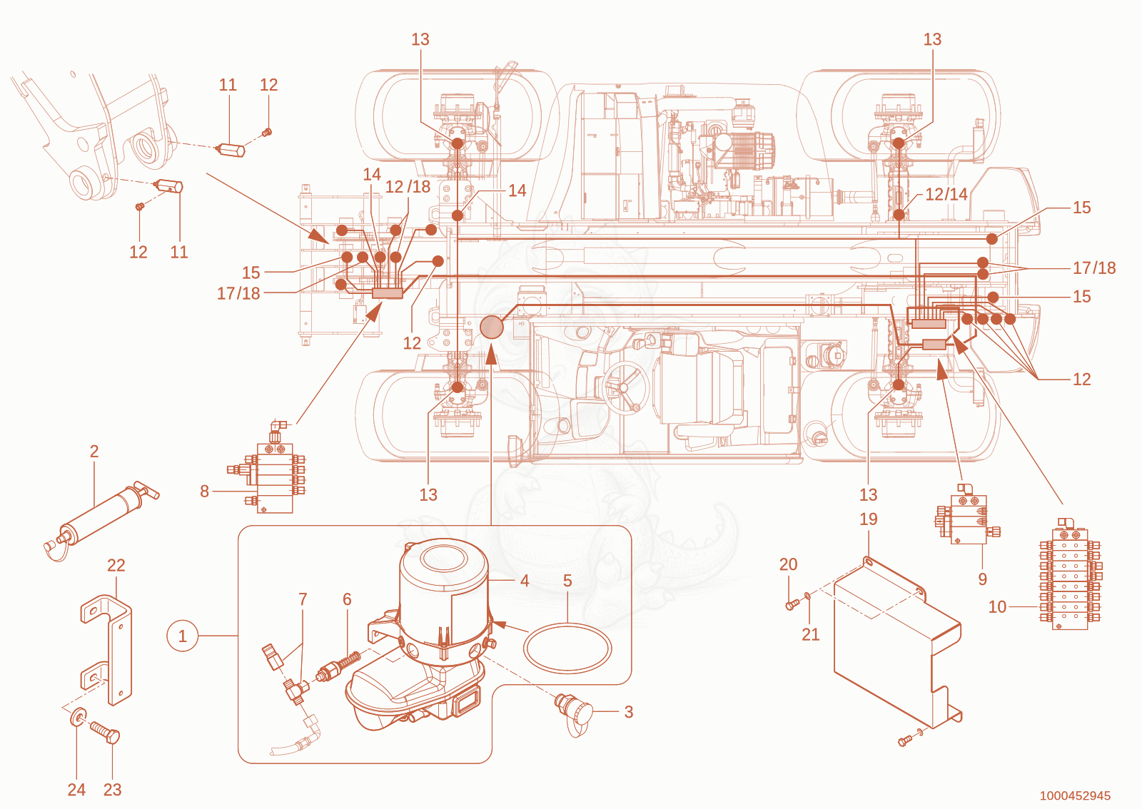 Exploded parts diagram of the central greasing divice of a Wacker Neuson TH730(415-34), with numbered balloons