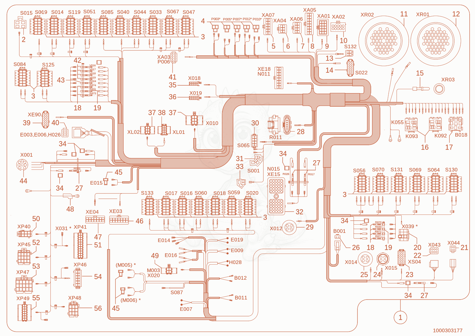 Exploded parts diagram of the wiring harness of a Wacker Neuson TH744(416-02), with numbered balloons