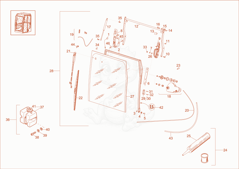 Exploded parts diagram of the FRONT WINDOW (OPTION) of a Wacker Neuson EZ38, with numbered balloons