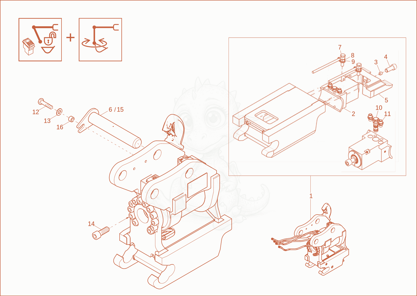 Exploded parts diagram of the quick hitch (option) of a Wacker Neuson ET35, with numbered balloons
