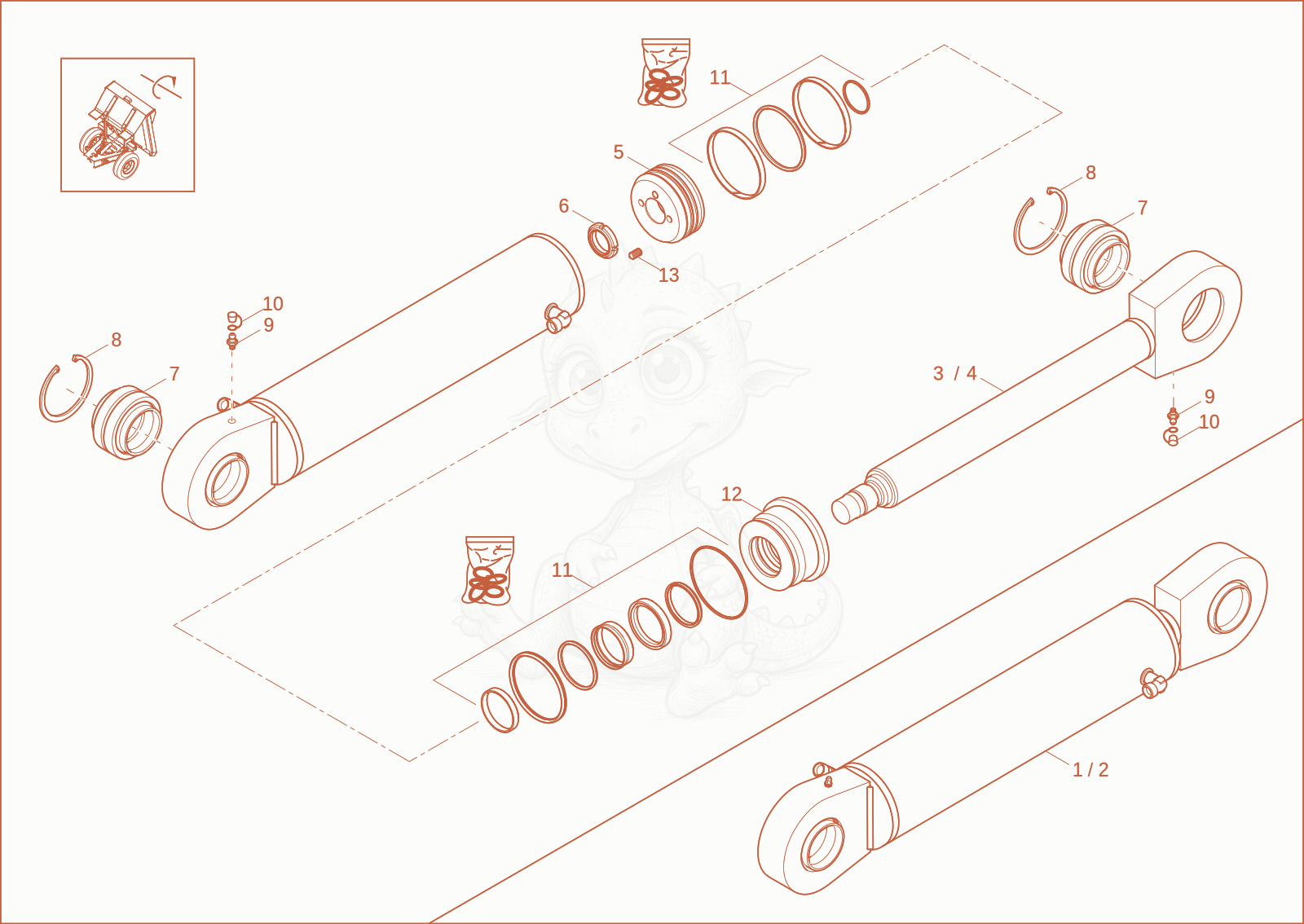 Exploded parts diagram of the tilt ram of a Wacker Neuson DV90, with numbered balloons