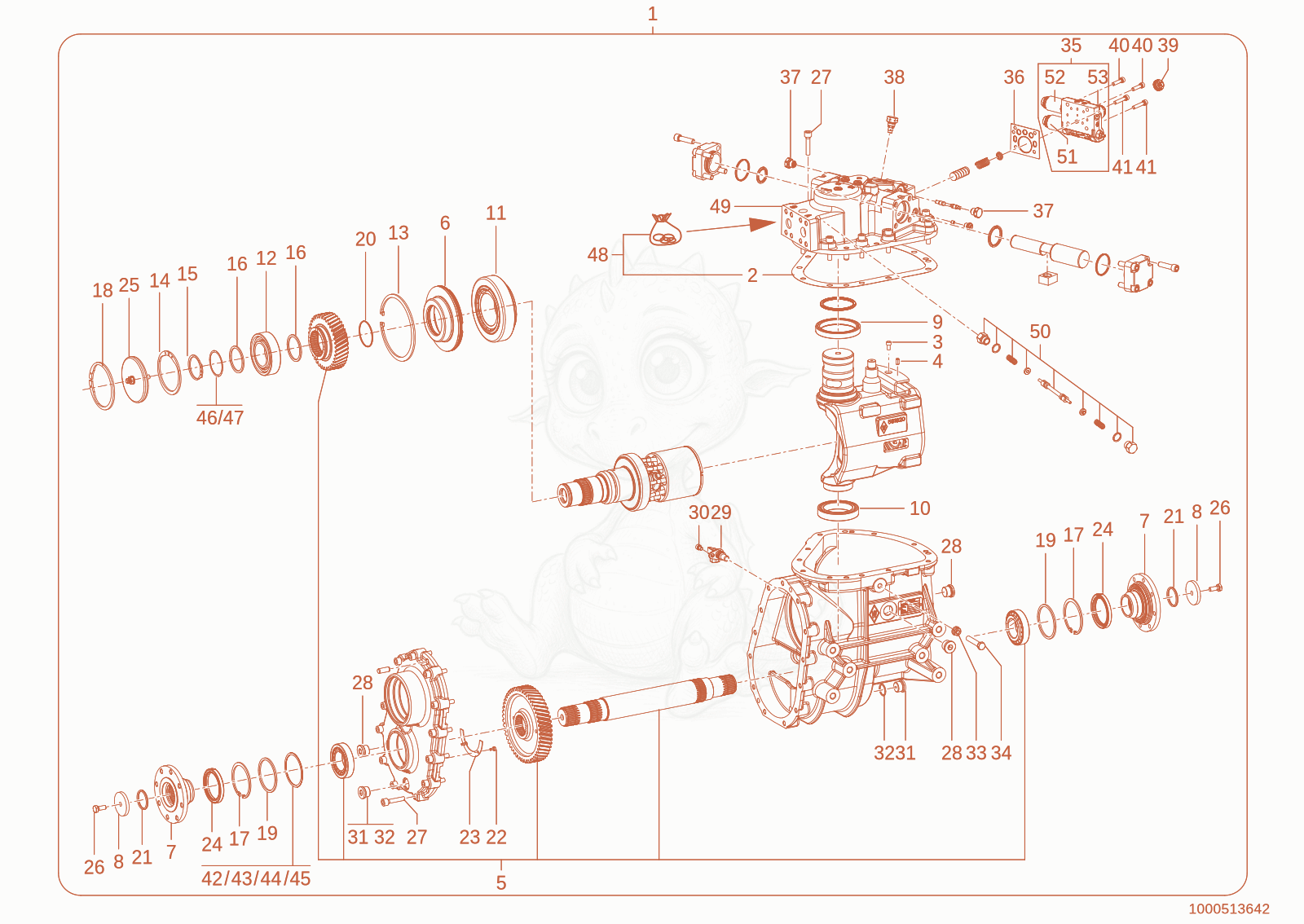 Despiece del overdrive transmission P370 i 1,38 de una máquina Wacker Neuson WL95(R90-02), con globos numerados