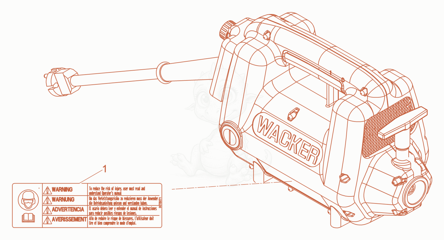 Exploded parts diagram of the Labels of a Wacker Neuson M2000/230/RFI, with numbered balloons