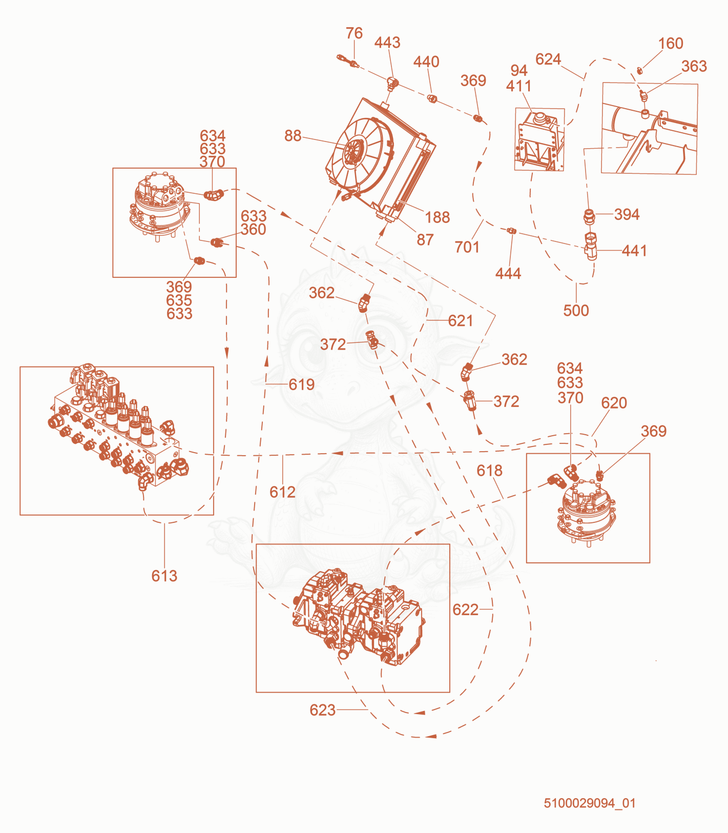Exploded parts diagram of the Hydraulic Piping-Lower Cooler of a Wacker Neuson CRT60-74L, with numbered balloons