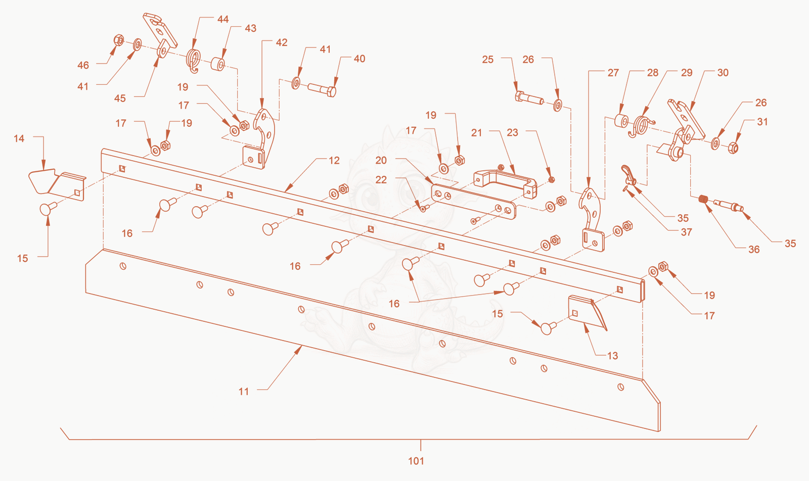 Exploded parts diagram of the scraper of a Wacker Neuson RD45-140, with numbered balloons