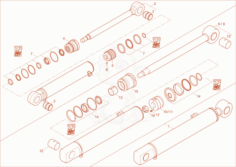 Exploded parts diagram of the dipper arm cylinder of a Wacker Neuson 803, with numbered balloons