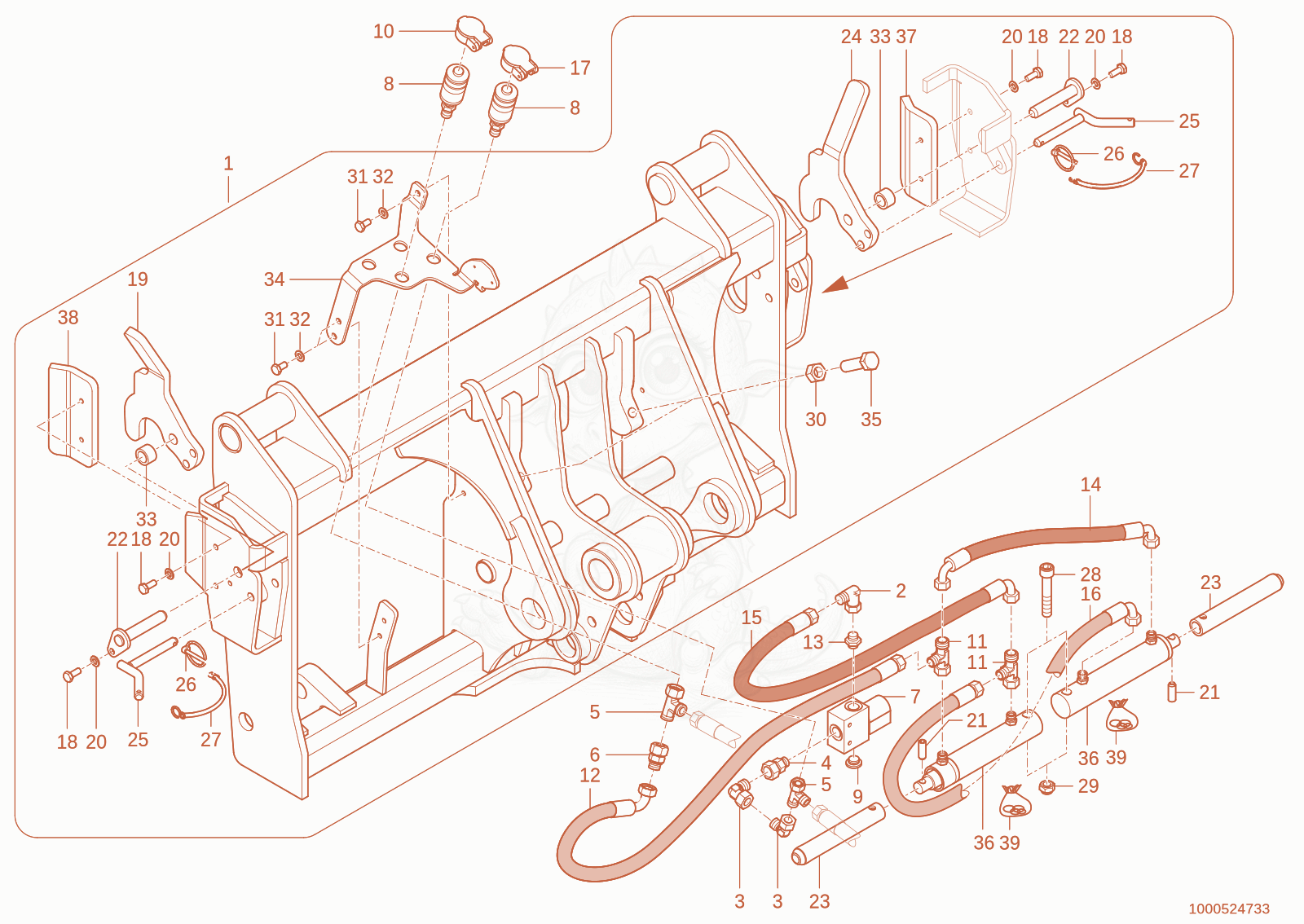 Exploded parts diagram of the quickhitch plate of a Wacker Neuson TH735(415-36), with numbered balloons