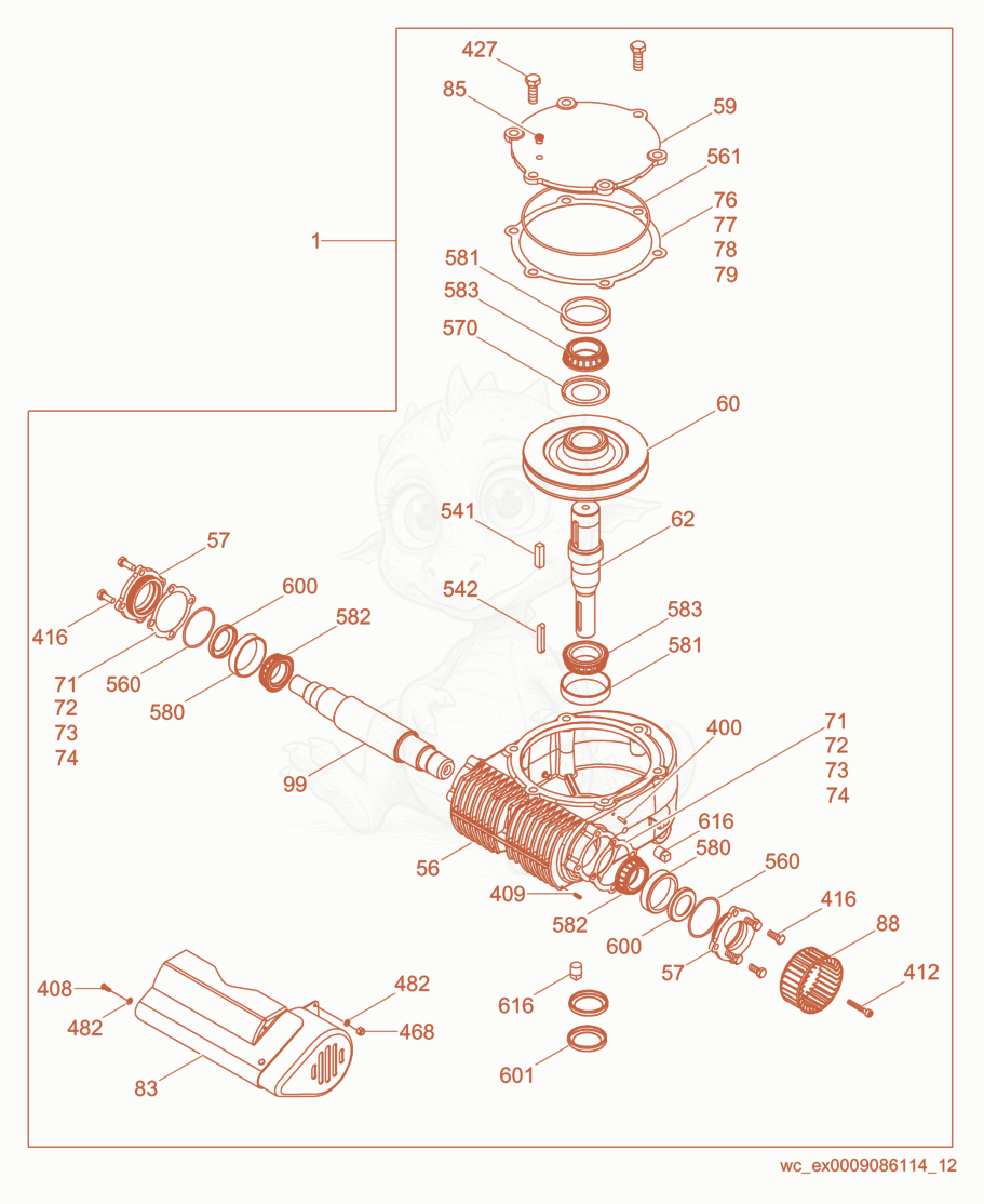Despiece del Gearbox/Left Kit de una máquina Wacker Neuson CRT48-31V-ES, con globos numerados
