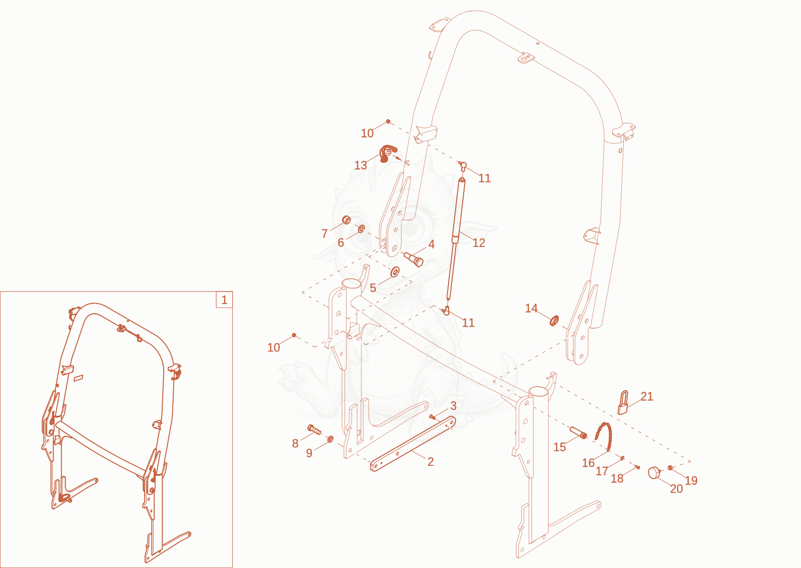 Exploded parts diagram of the NLA OVERROLL BAR of a Wacker Neuson DV45, with numbered balloons