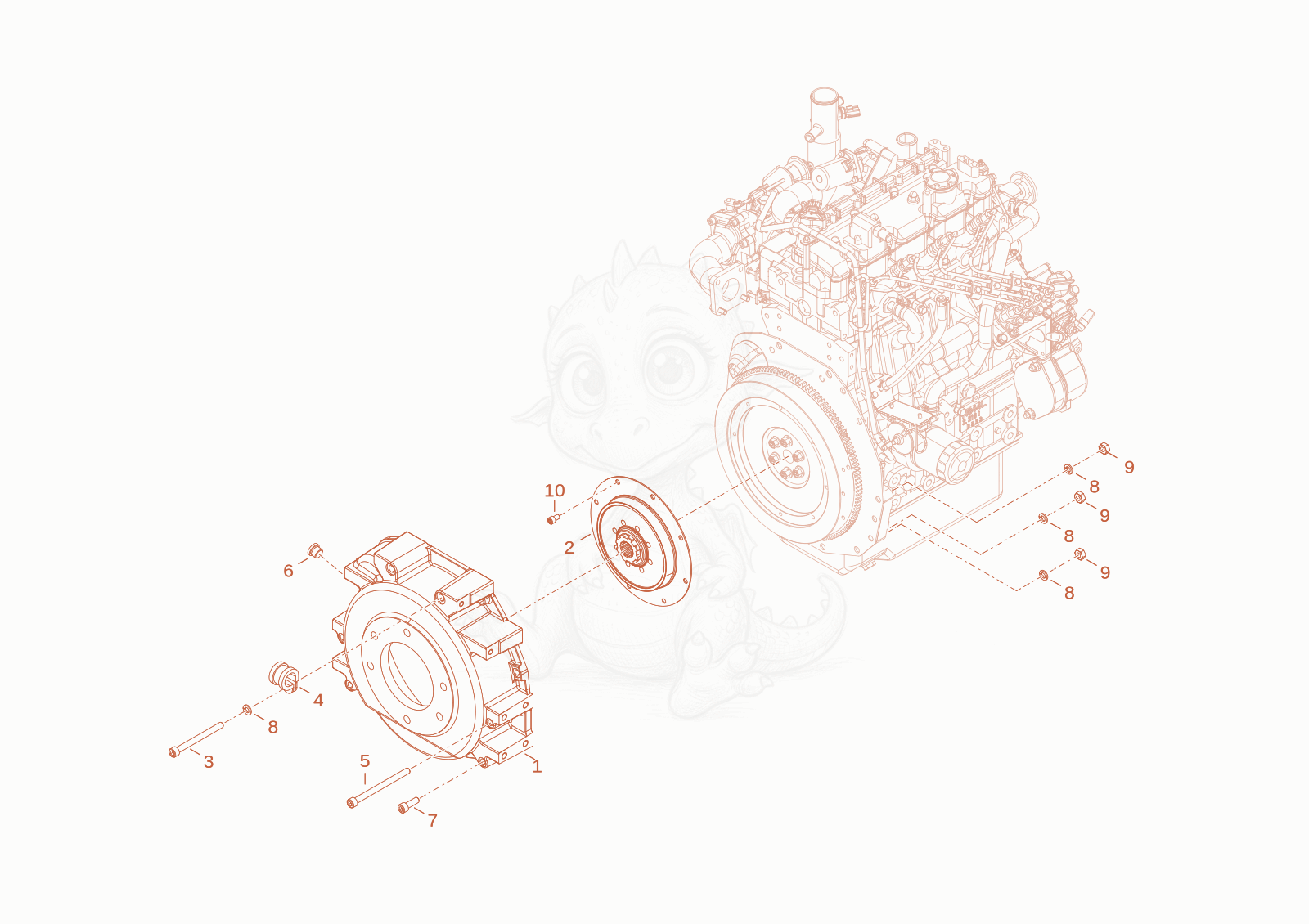 Exploded parts diagram of the clutch housing of a Wacker Neuson TH522STAGEV, with numbered balloons