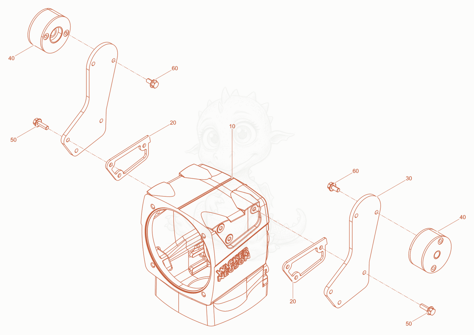 Exploded parts diagram of the crankcase of a Wacker Neuson AS68E/25, with numbered balloons