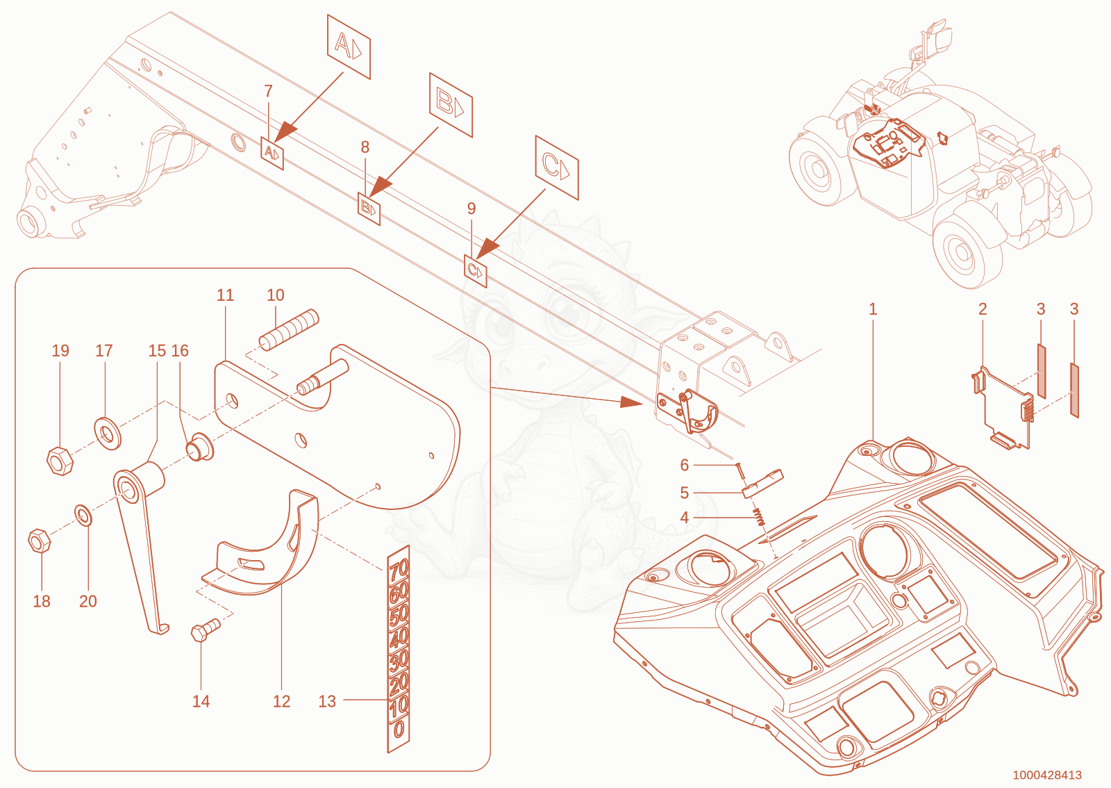 Exploded parts diagram of the level advice of a Wacker Neuson TH627(418-22), with numbered balloons