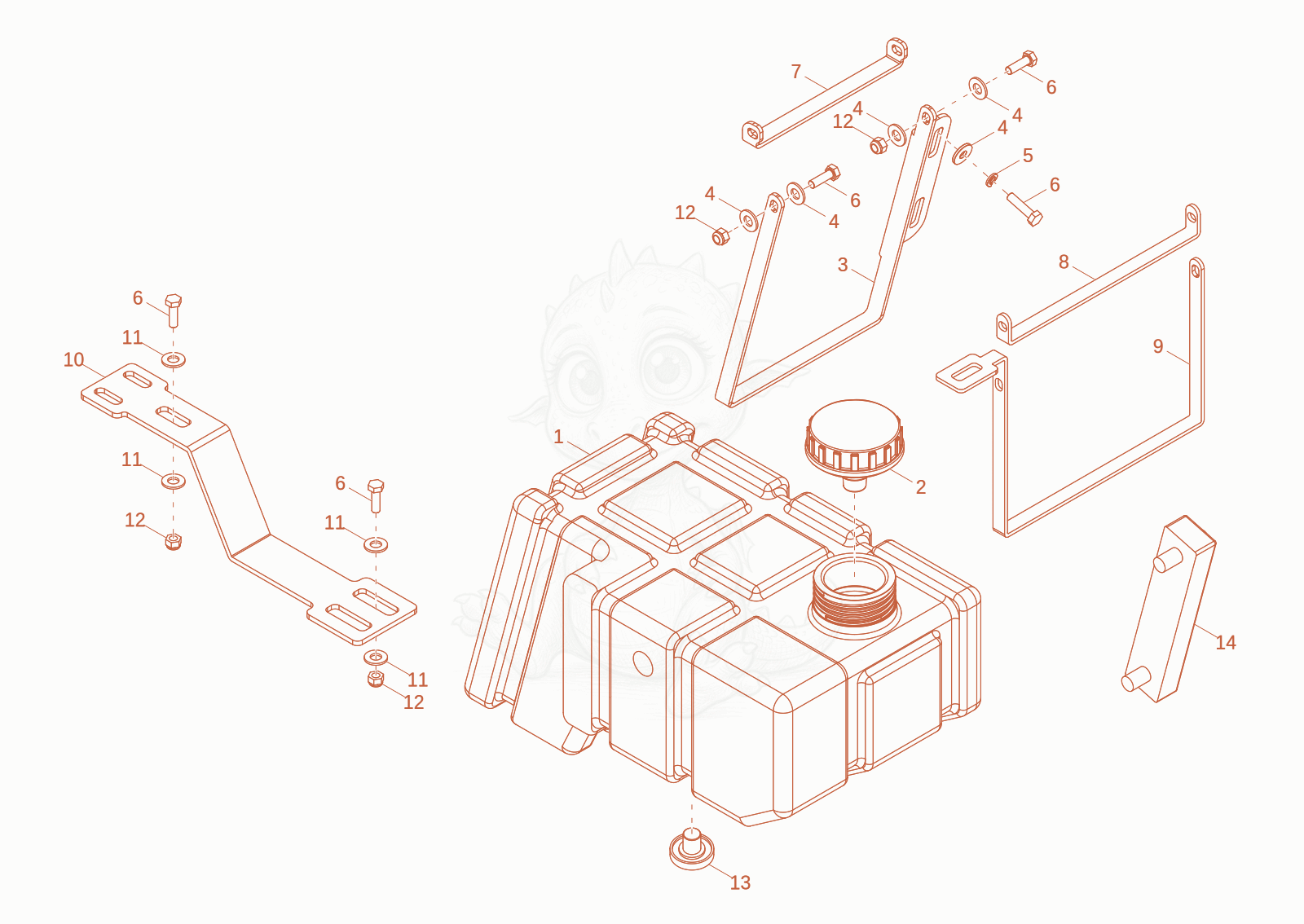 Exploded parts diagram of the fuel tank of a Wacker Neuson DT10, with numbered balloons
