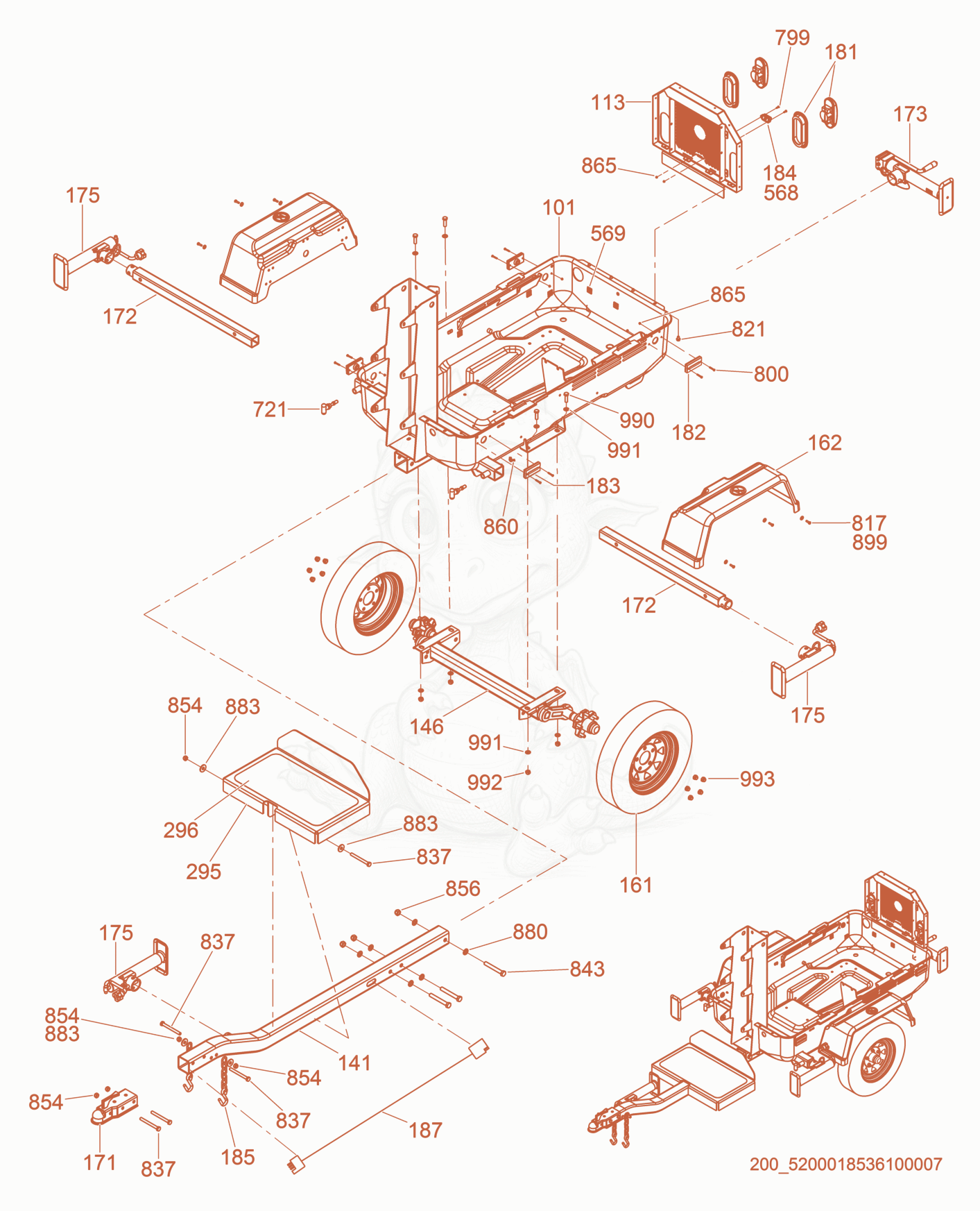 Exploded parts diagram of the Skid/Trailer of a Wacker Neuson LTN6L-VS, with numbered balloons