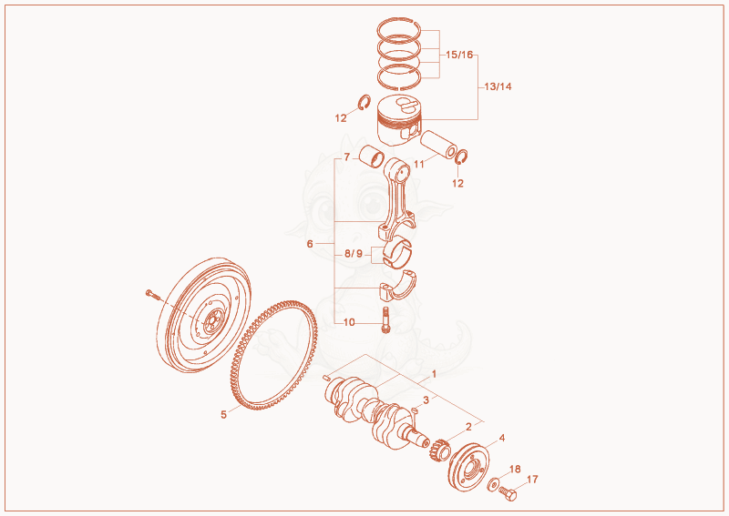 Despiece del crankshaft, piston de una máquina Wacker Neuson 2404, con globos numerados